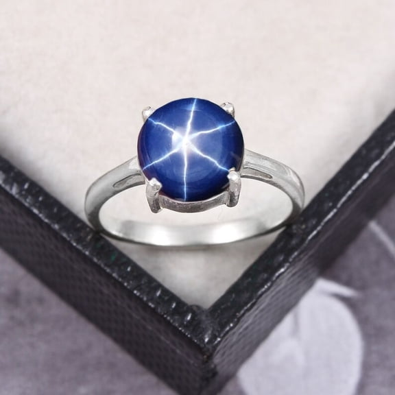 AFGEMSNJEWELLERY Round 6 Ray Blue Star Sapphire Ring in 925 Sterling Silver, Women’s Statement Ring, Elegant Jewelry Gift for Her Silver 3