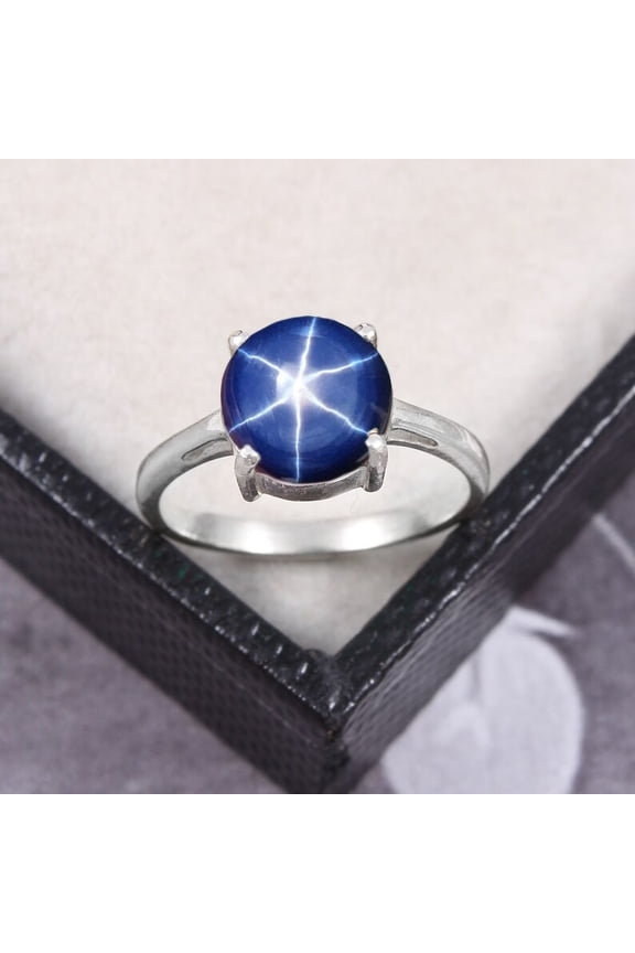Round 6 Ray Blue Star Sapphire Ring in 925 Sterling Silver, Women’s Statement Ring, Elegant Jewelry Gift for Her Silver 6