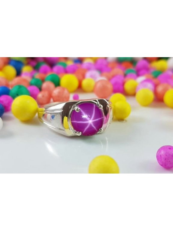 Round Pink Star Ruby Ring 925 Sterling Silver & Gemstone Men's Ring Gems Jewelry Perfect for Special Occasions Silver 5