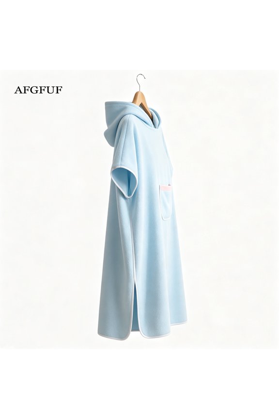 Light Blue Hooded Bath Poncho, Soft Absorbent Towel Robe with Pocket for Adults
