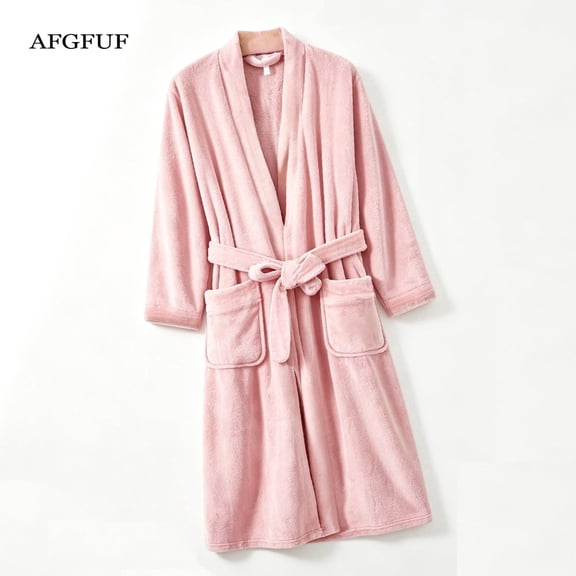 AFGFUF Women's Plush Fleece Bathrobe Long Kimono Robe with Pockets & Belt