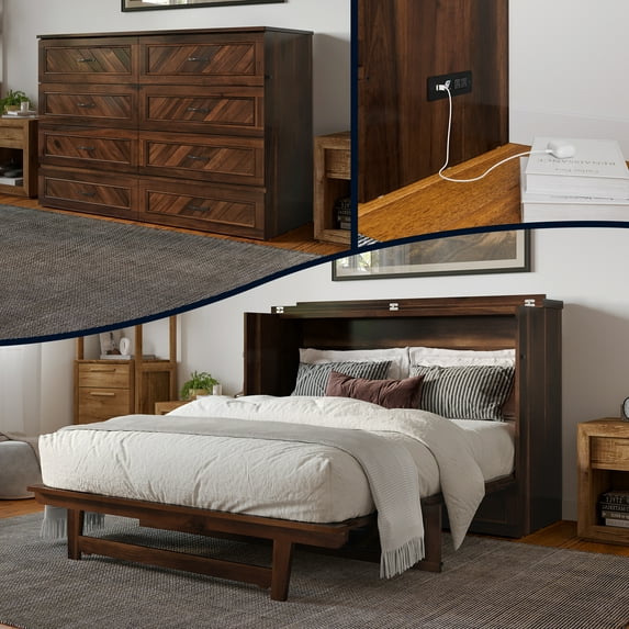 AFI Alpine Queen Wood Murphy Bed Chest with Mattress and Built-in Charger, Barnwood