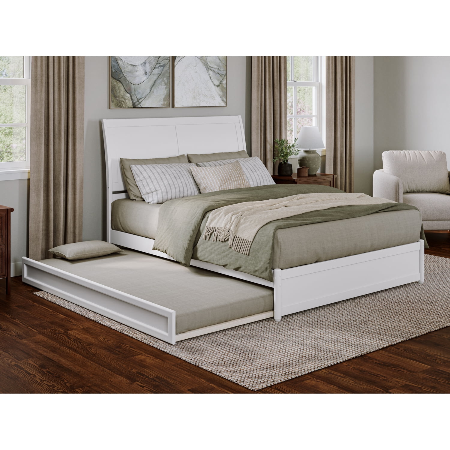White Queen Wood Platform Bed with Trundle and Headboard