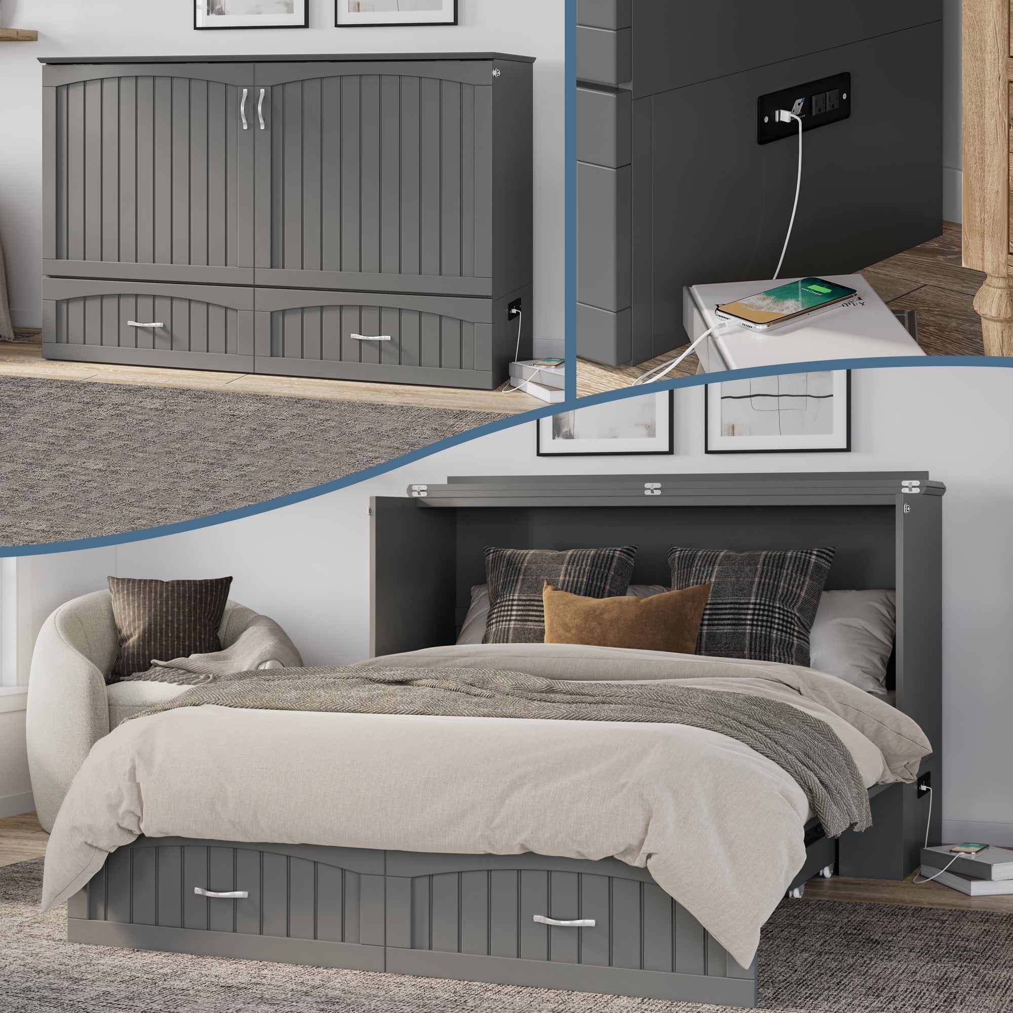 AFI Aspen Queen Murphy Bed Chest with 6" Mattress, Storage, & Built-in Charger, Grey