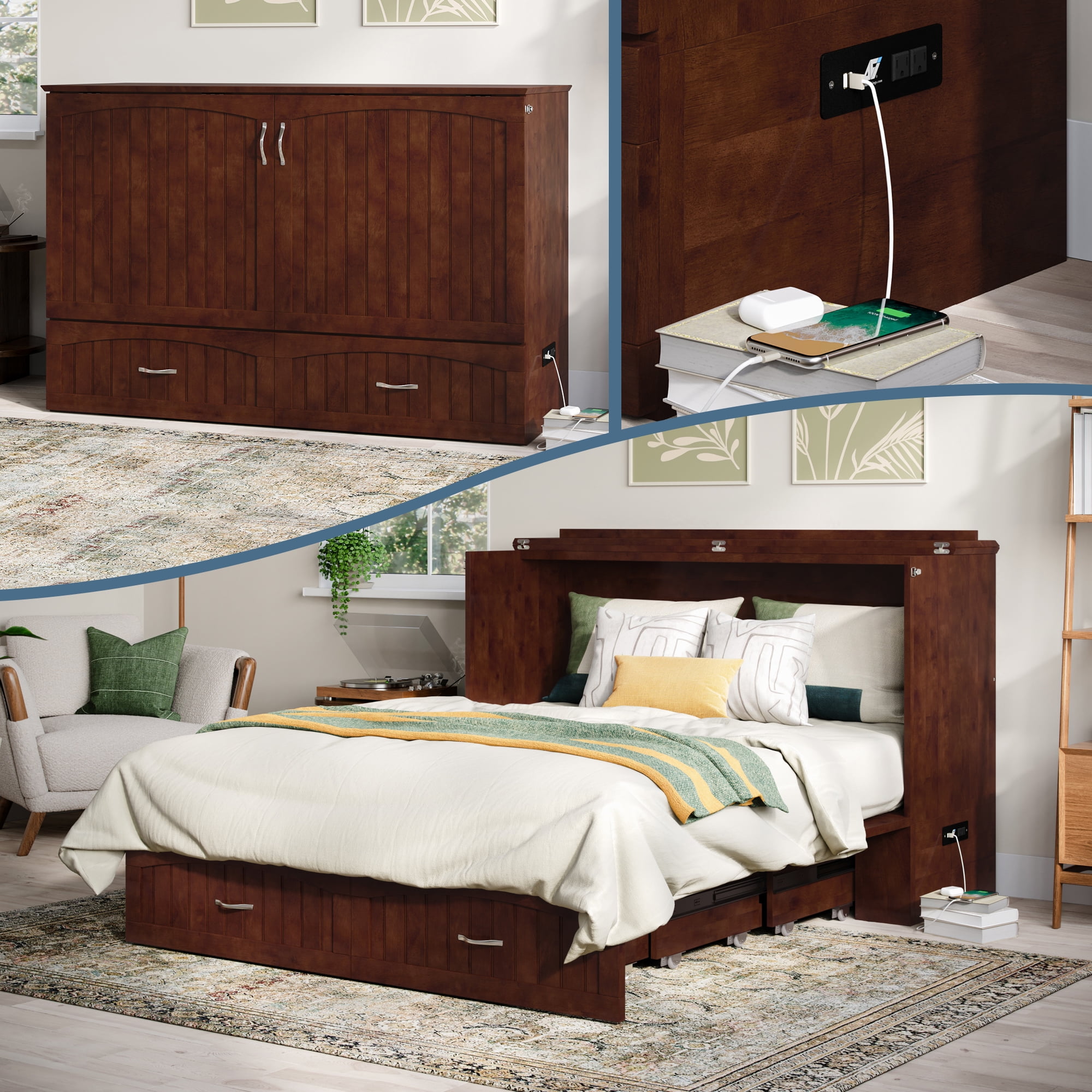 AFI Aspen Queen Murphy Bed Chest with 6" Mattress, Storage, & Built-in Charger, Walnut