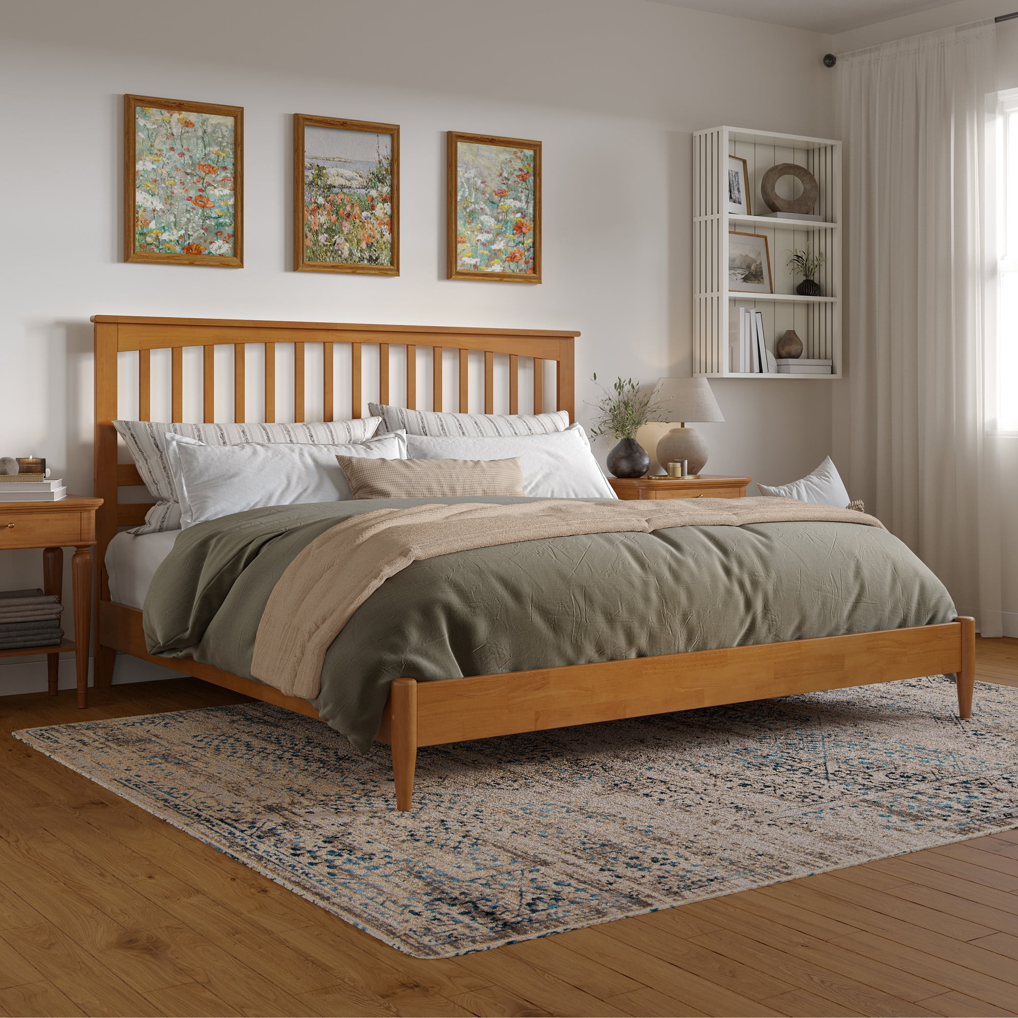 【LuxeLiving-70%OFF】ブークレベッド キング バブル型 AFI Becket King Solid Wood Low Profile Platform Bed, Light Toffee
