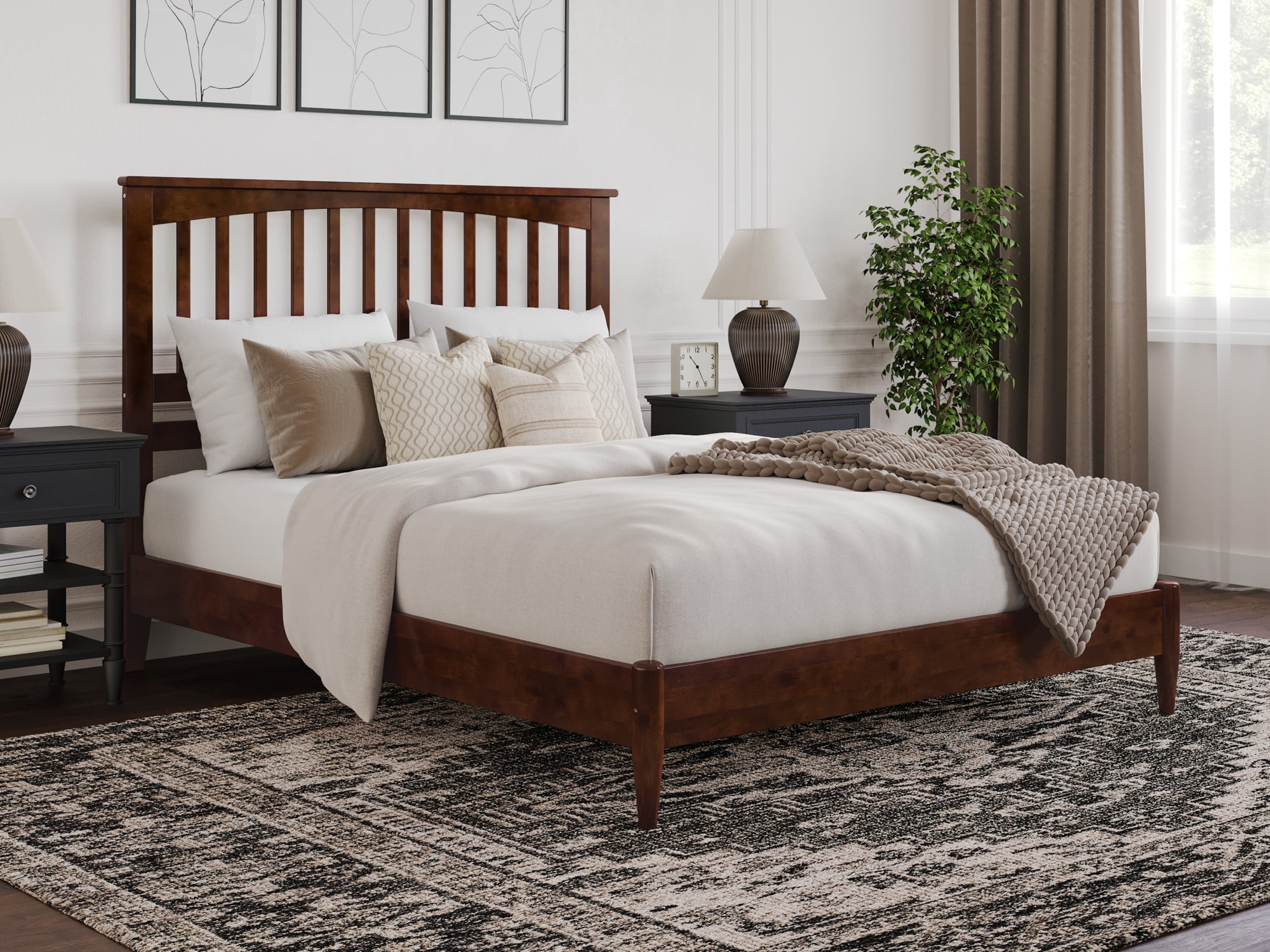 Becket Queen Walnut Wood Low Profile Platform Bed with Slats