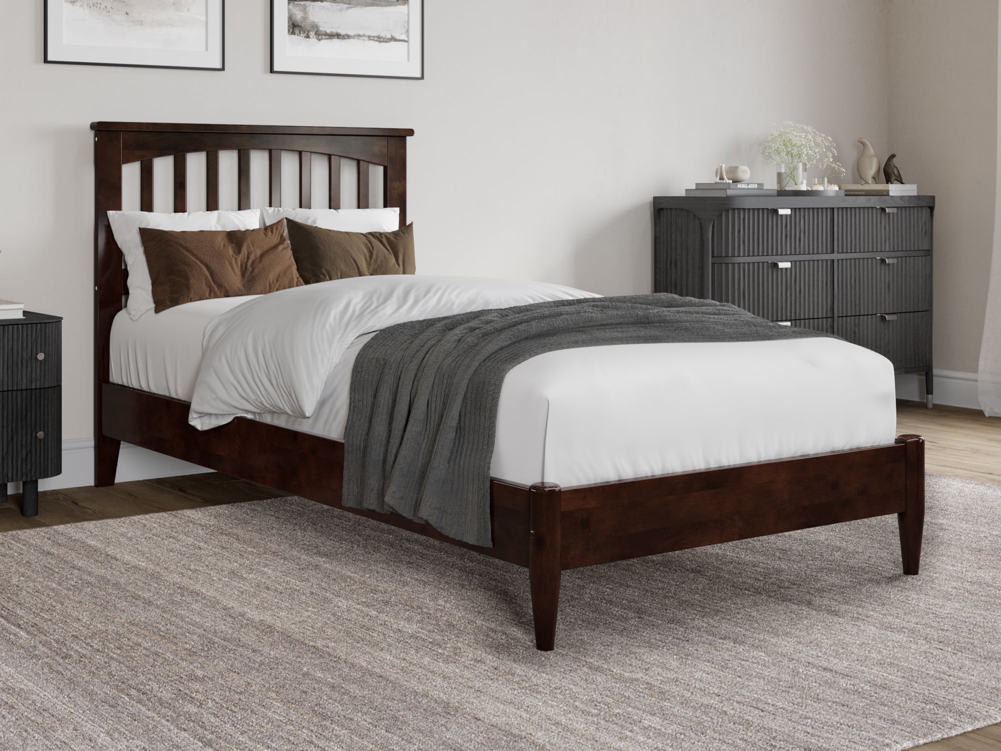 Becket Twin XL Walnut Wood Low Profile Platform Bed with Headboard