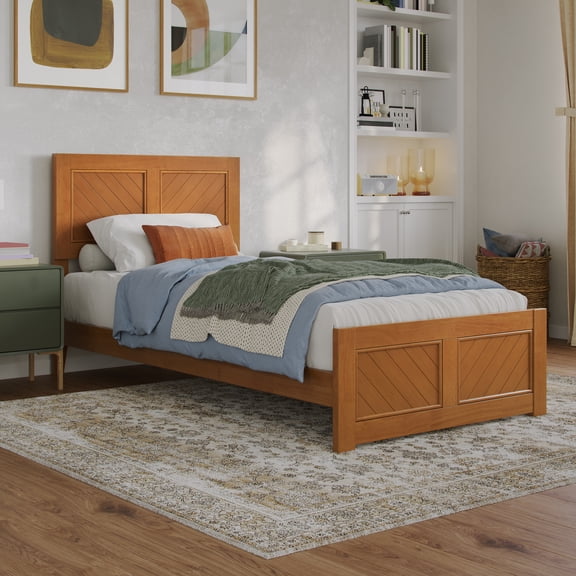 AFI Berkshire Twin XL Wood Low Profile Platform Bed with Matching Footboard, Light Toffee