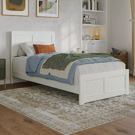 AFI Berkshire Twin XL Wood Low Profile Platform Bed with Matching Footboard, White