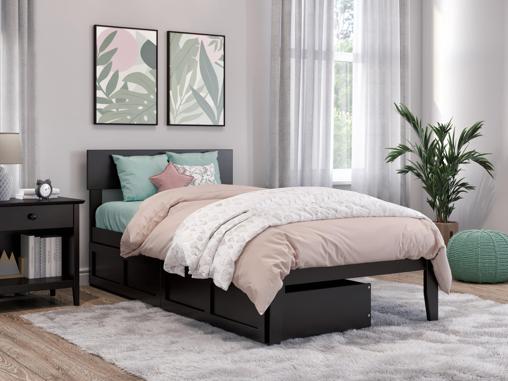 AFI Boston 14" Twin Wood Platform Bed Frame with Set of 2 Storage Drawers, Espresso