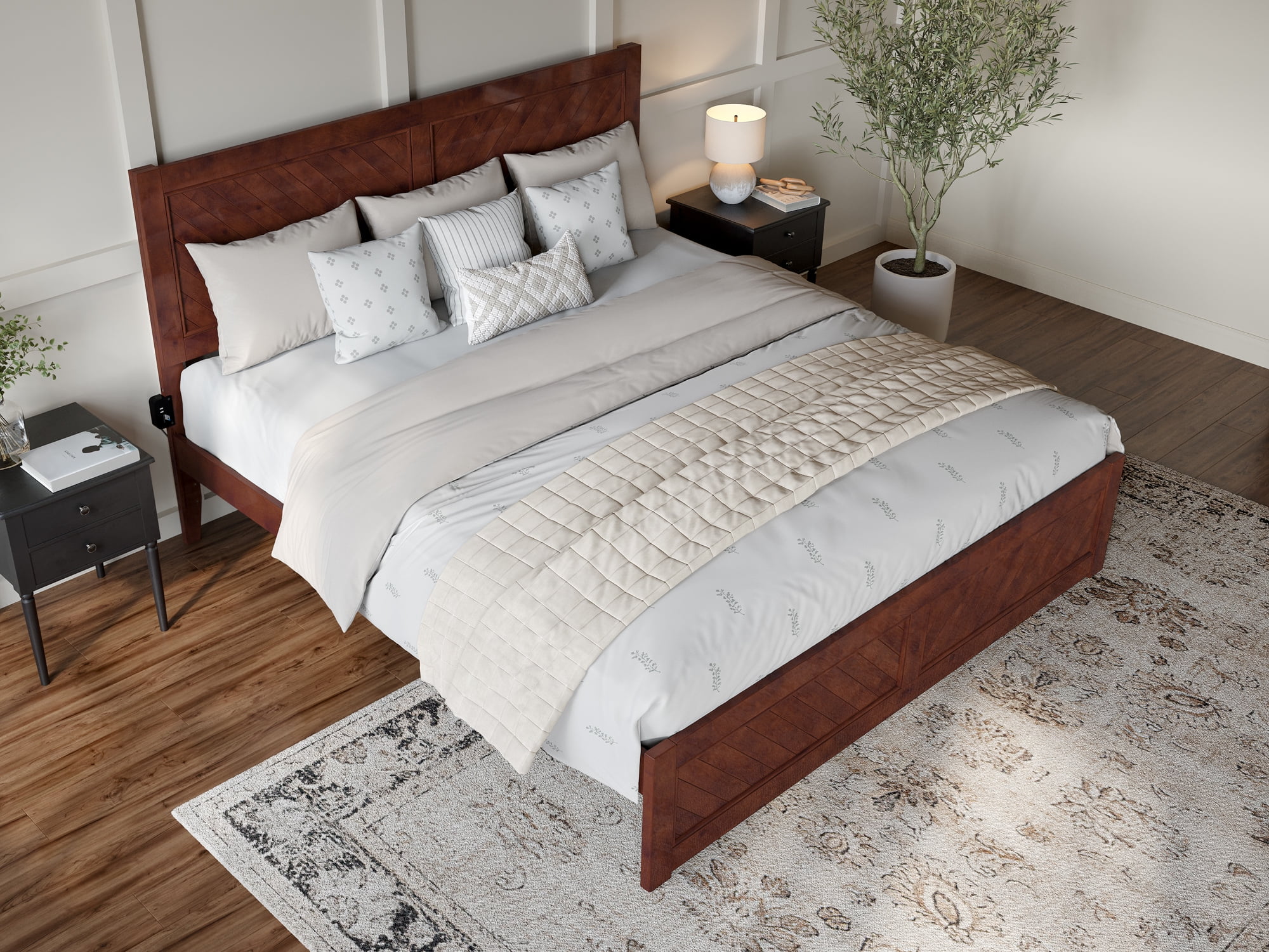 Canyon Walnut King Wood Platform Bed with Chevron Headboard