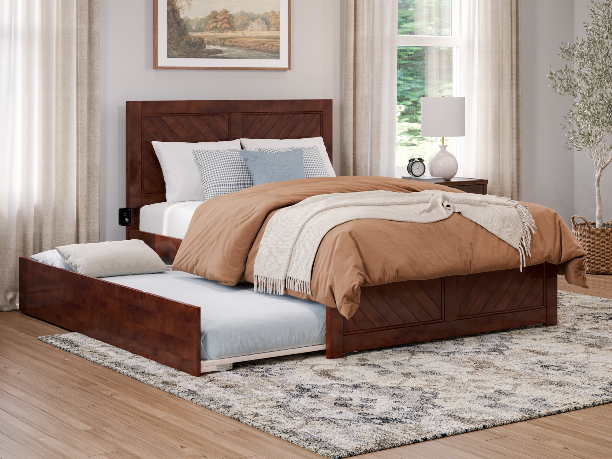 Walnut Wood Full Platform Bed with Trundle and USB Charger