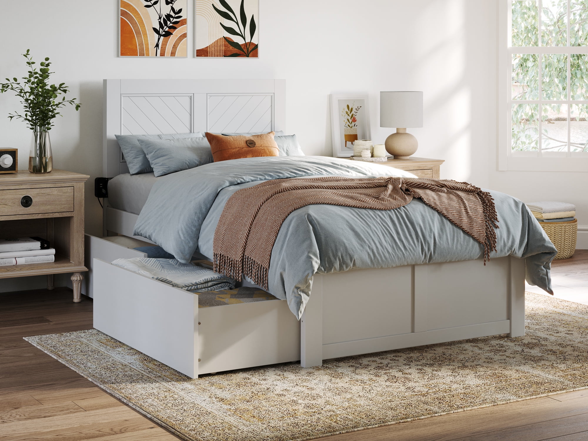 AFI Canyon White Farmhouse Solid Wood Platform Bed with Footboard & Set of 2 Drawers, Twin