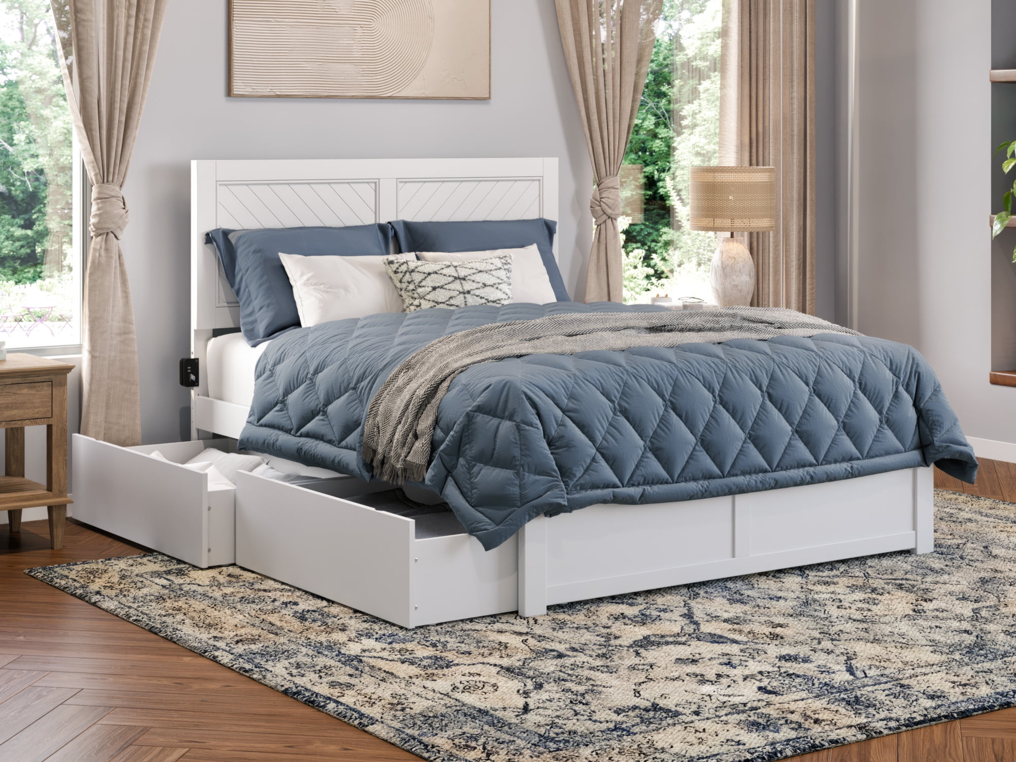 AFI Canyon White Solid Wood Platform Bed with Footboard & Set of 2 Storage Drawers, Queen