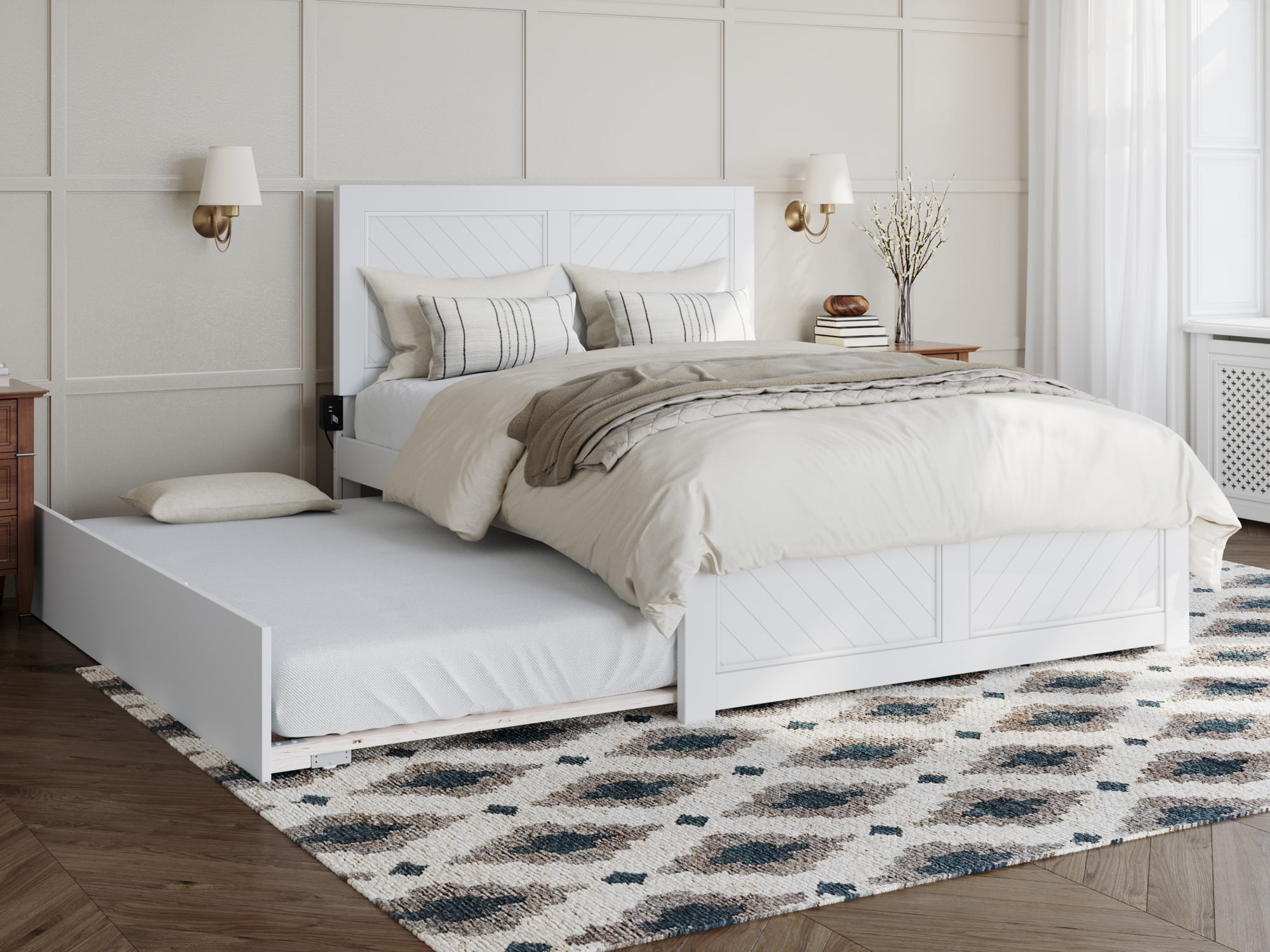 Walnut Full Platform Bed with Trundle and USB Charger