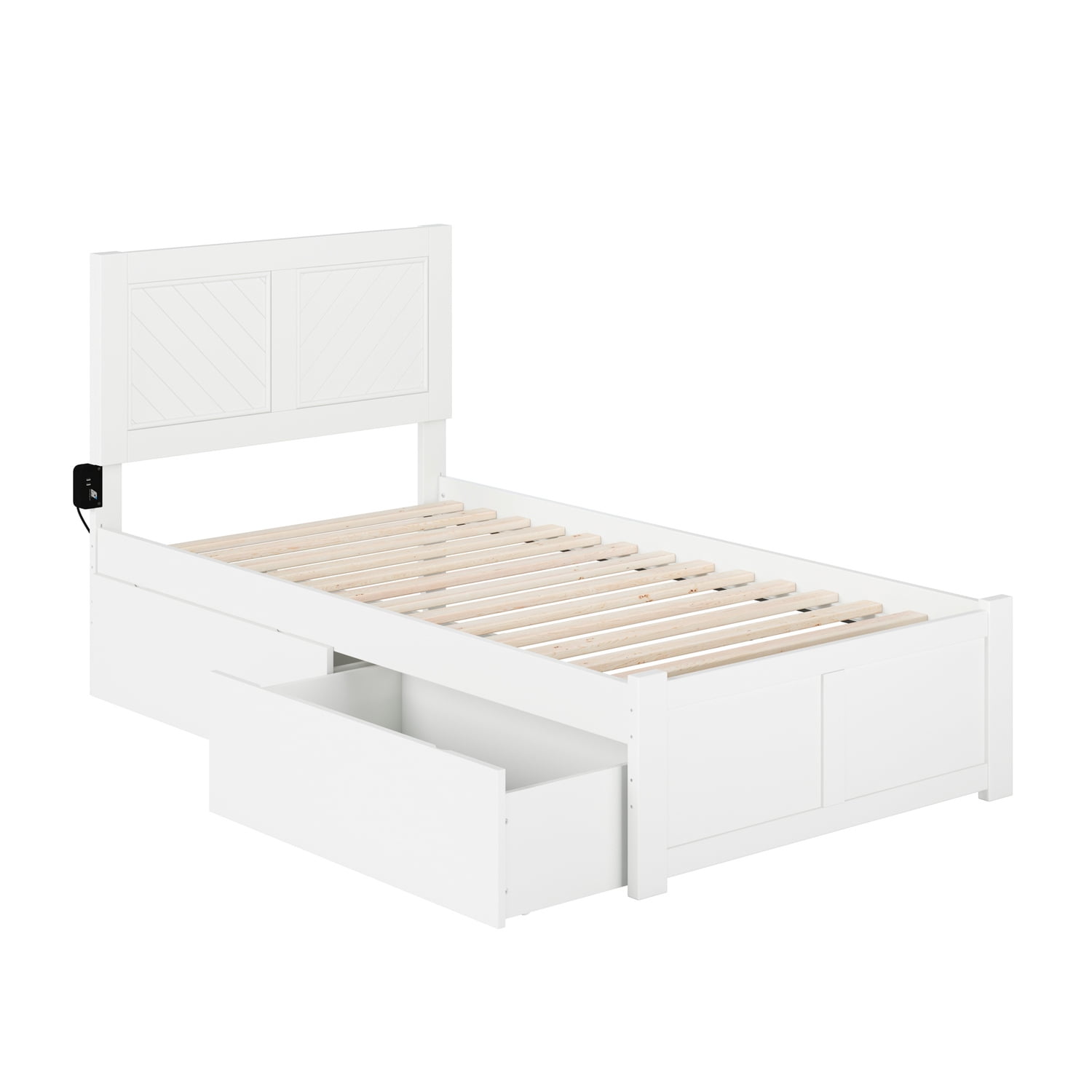 White Twin XL Wood Platform Bed with Chevron Headboard and Storage Drawers