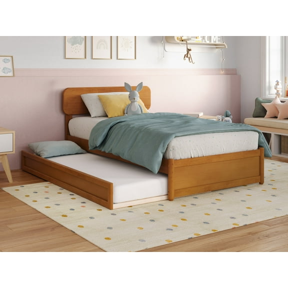 AFI Capri Twin Solid Wood Platform Bed with Panel Footboard and Twin Trundle, Light Toffee