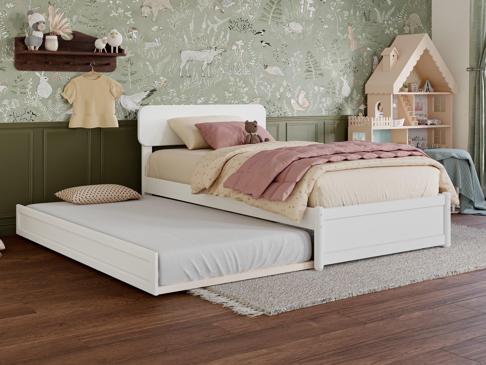 Capri White Twin Platform Bed with Trundle and Walnut Frame
