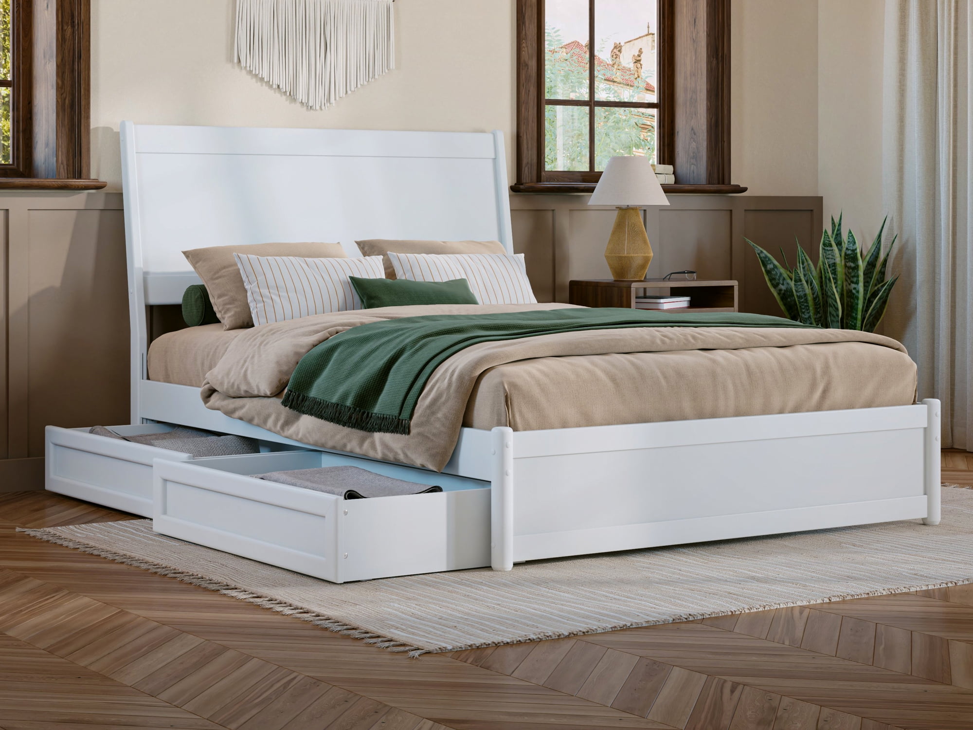 Casanova White Full Wood Platform Bed with Storage Drawers