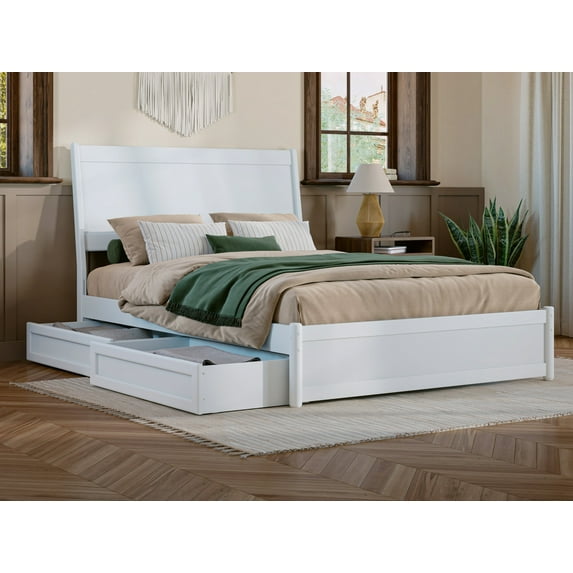 AFI Casanova Full Solid Wood Platform Bed with Panel Footboard and Storage Drawers, White