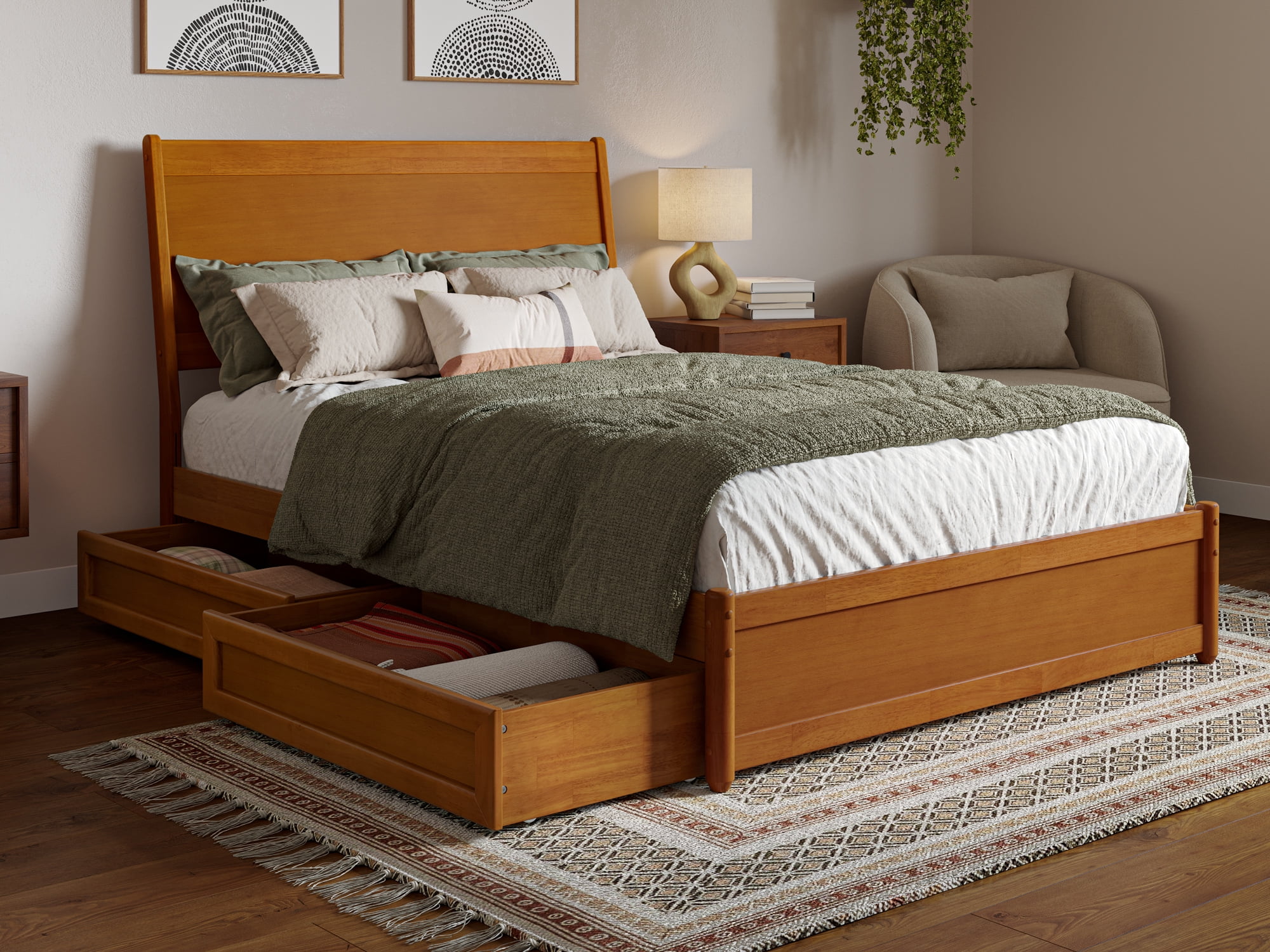 Light Toffee Full Wood Platform Bed with Storage Drawers