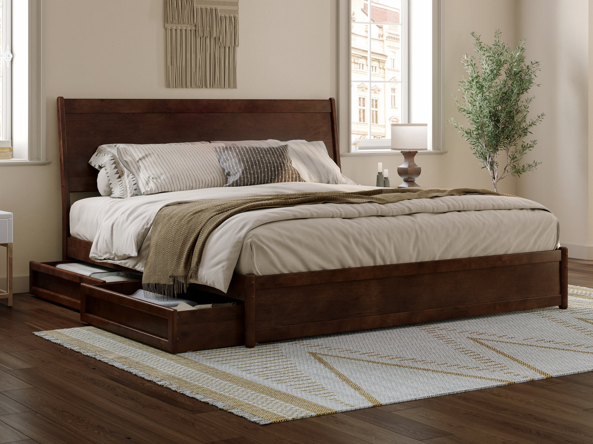 Casanova Dark Walnut King Wood Platform Bed with Storage Drawers