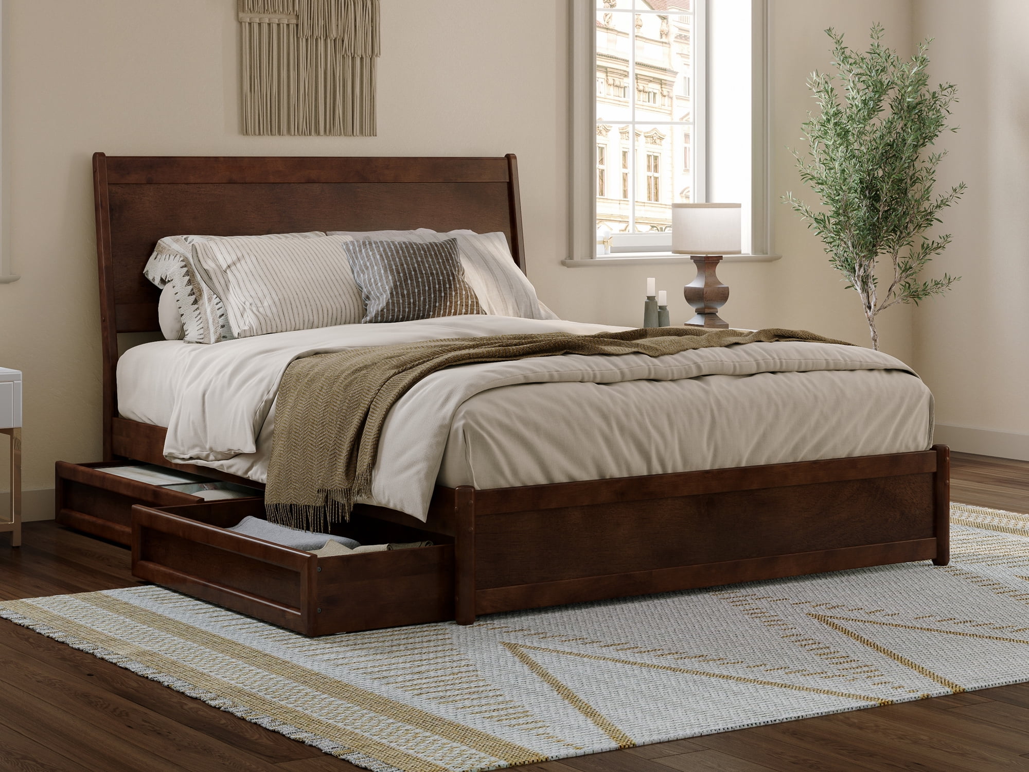 Casanova Queen Dark Walnut Wood Platform Bed with Storage Drawers