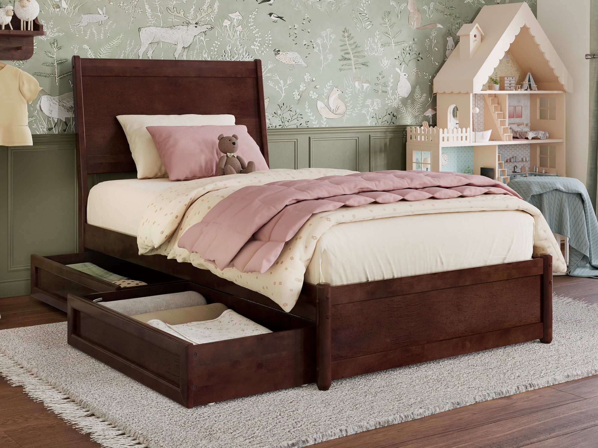 AFI Casanova Twin Solid Wood Platform Bed with Panel Footboard and Storage Drawers, Walnut