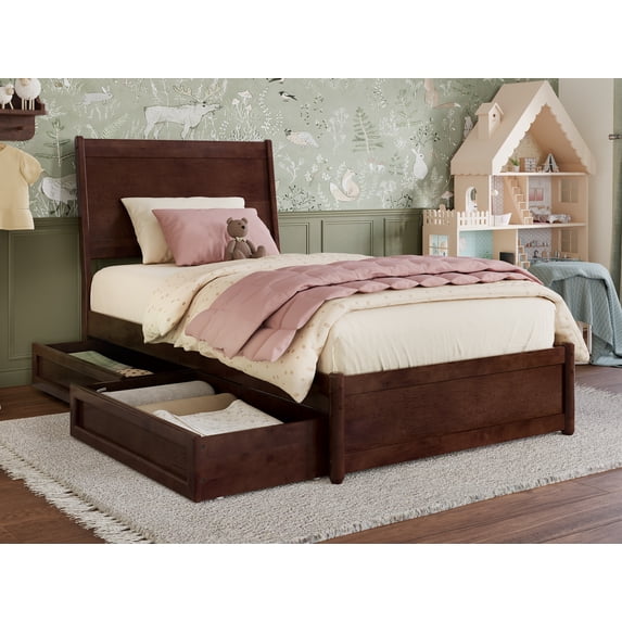 AFI Casanova Twin Solid Wood Platform Bed with Panel Footboard and Storage Drawers, Walnut