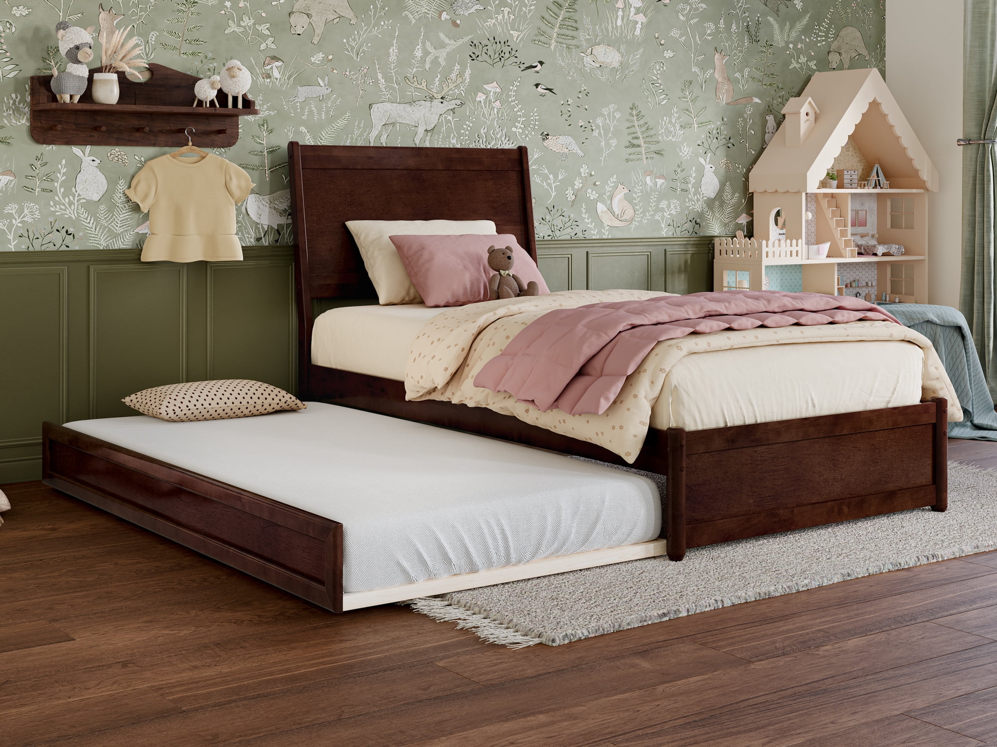 AFI Casanova Twin Solid Wood Platform Bed with Panel Footboard and Twin Trundle, Walnut