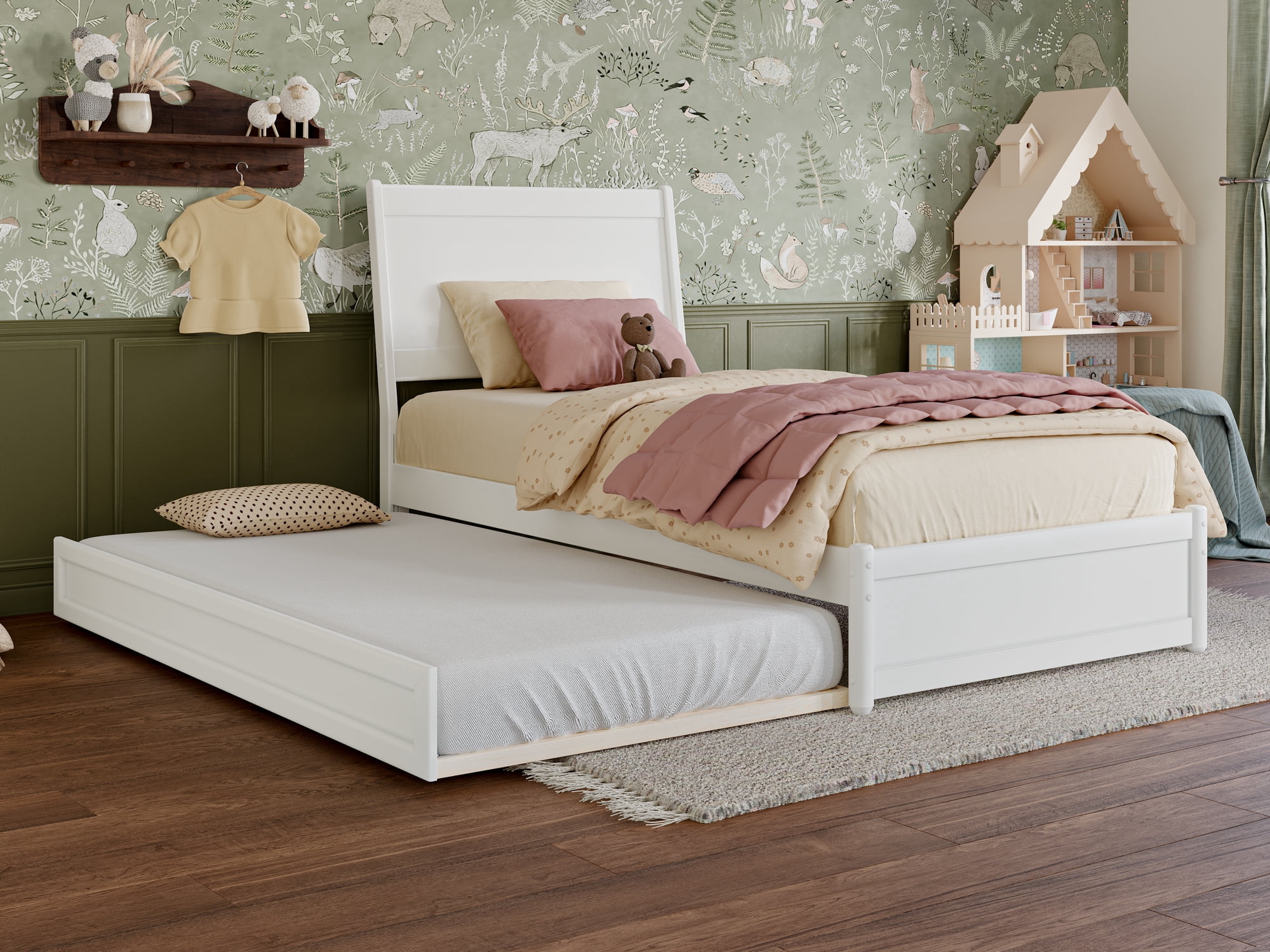 AFI Casanova Twin Solid Wood Platform Bed with Panel Footboard and Twin Trundle, White