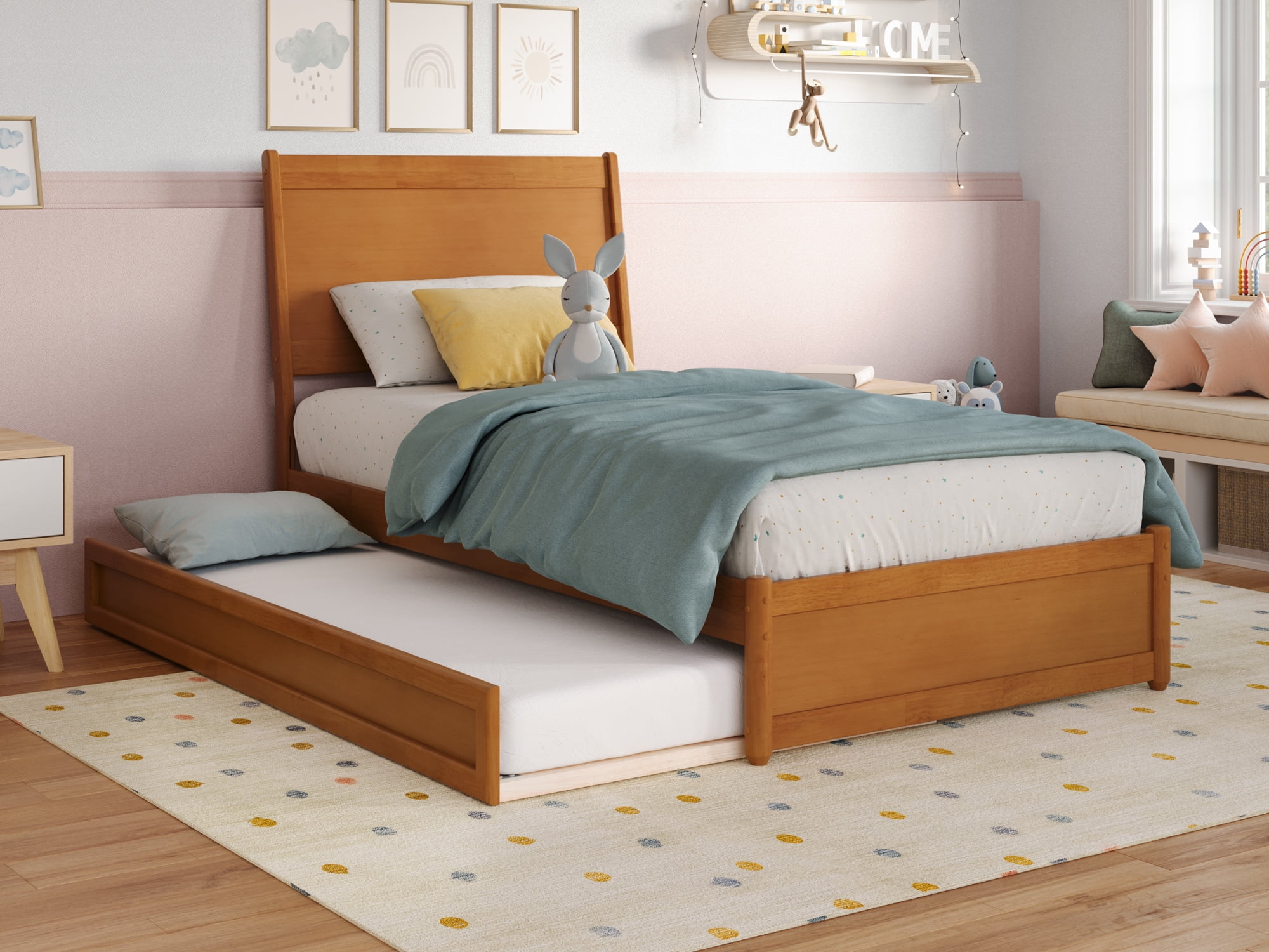AFI Casanova Twin Wood Platform Bed with Panel Footboard and Twin Trundle, Light Toffee