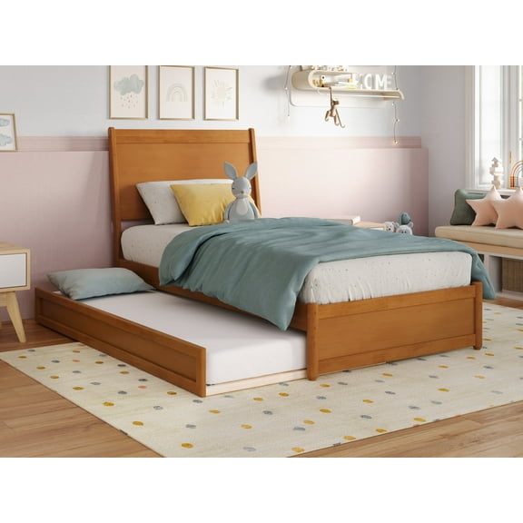 AFI Casanova Twin Wood Platform Bed with Panel Footboard and Twin Trundle, Light Toffee