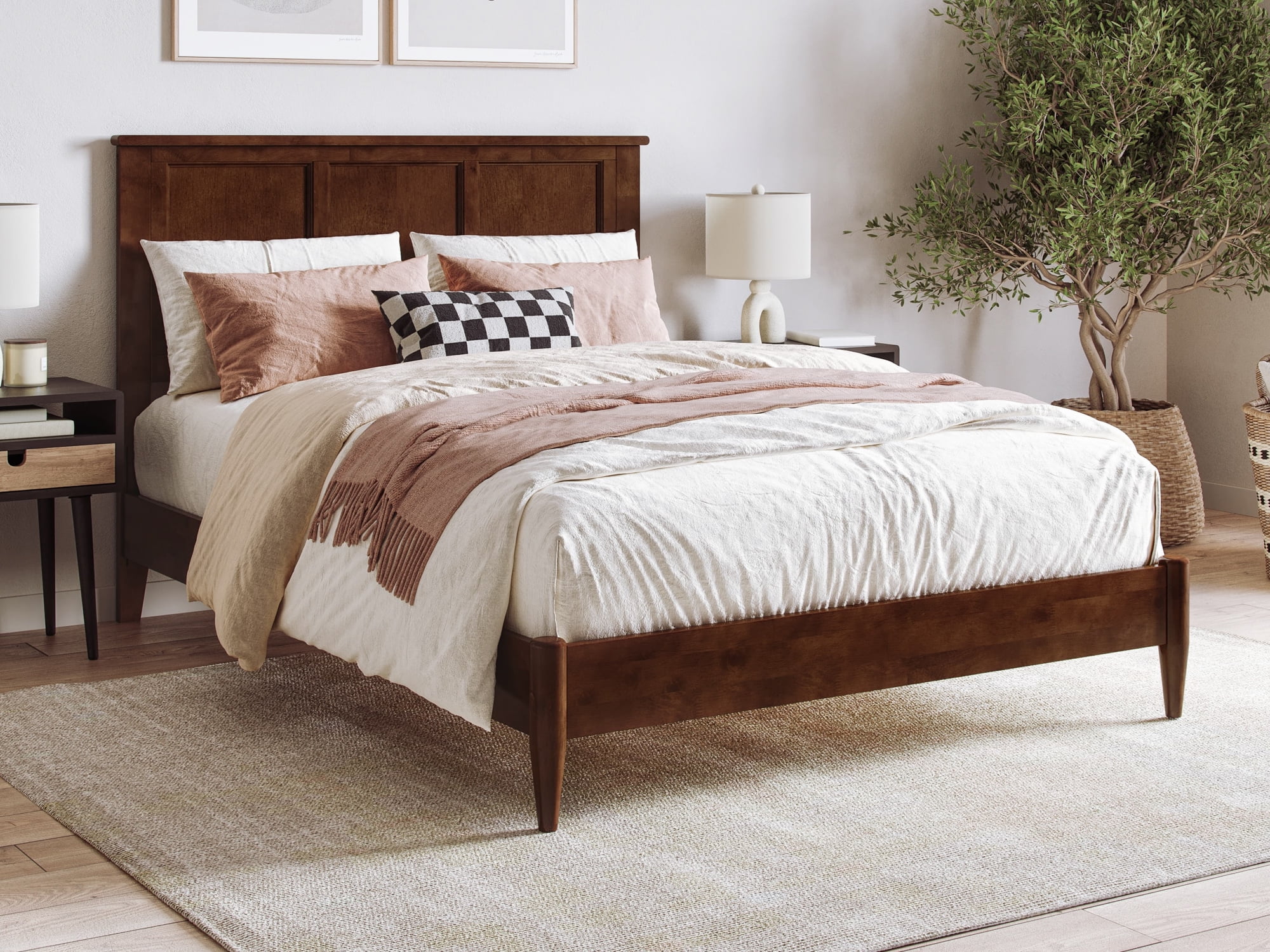Charlotte Full Walnut Solid Wood Platform Bed with Headboard