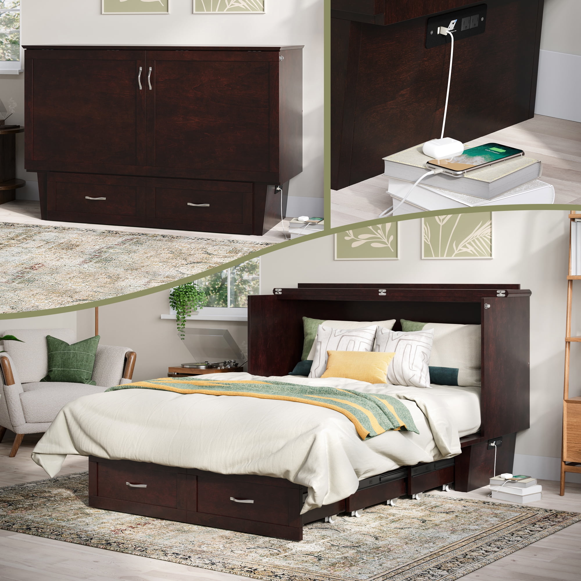 AFI Chelsea Queen Murphy Bed Chest with Mattress, Storage & Built-in Charging, Espresso