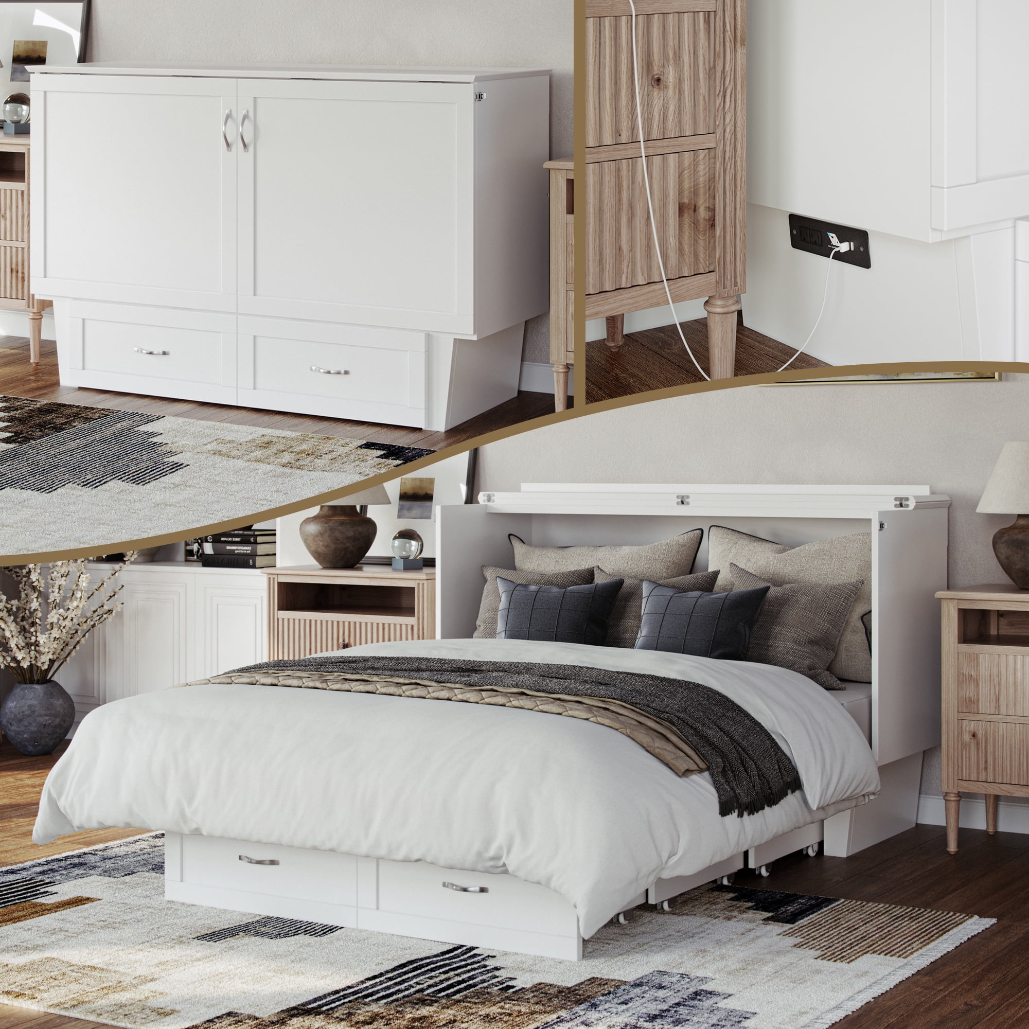 AFI Chelsea Queen Murphy Bed Chest with Mattress, Storage & Built-in Charging, White