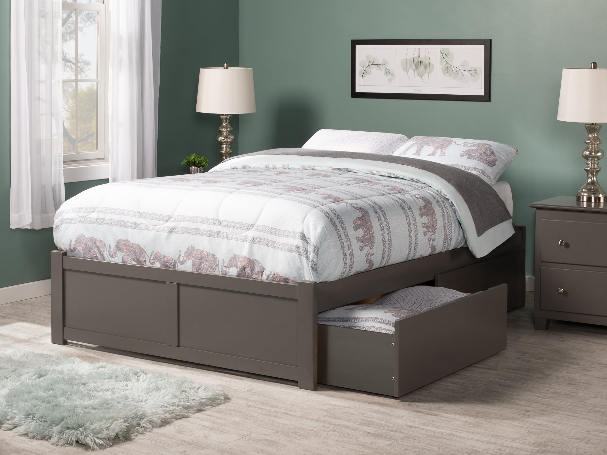 AFI Concord Full Solid Wood Platform Bed with Footboard & 2 Storage Drawers in Grey