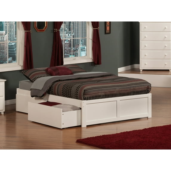AFI Concord Full Solid Wood Platform Bed with Footboard & 2 Storage Drawers in White