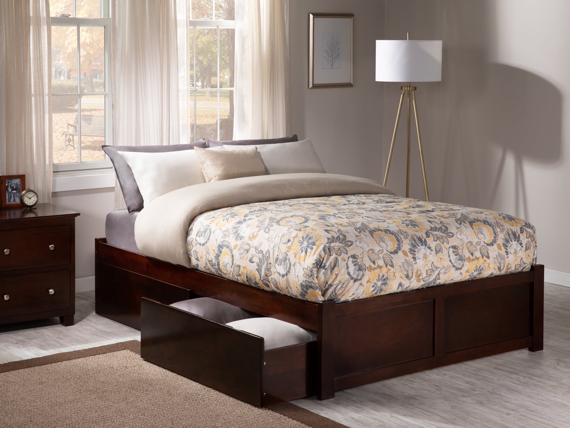 AFI Concord King Solid Wood Platform Bed with Footboard & 2 Storage Drawers, Walnut