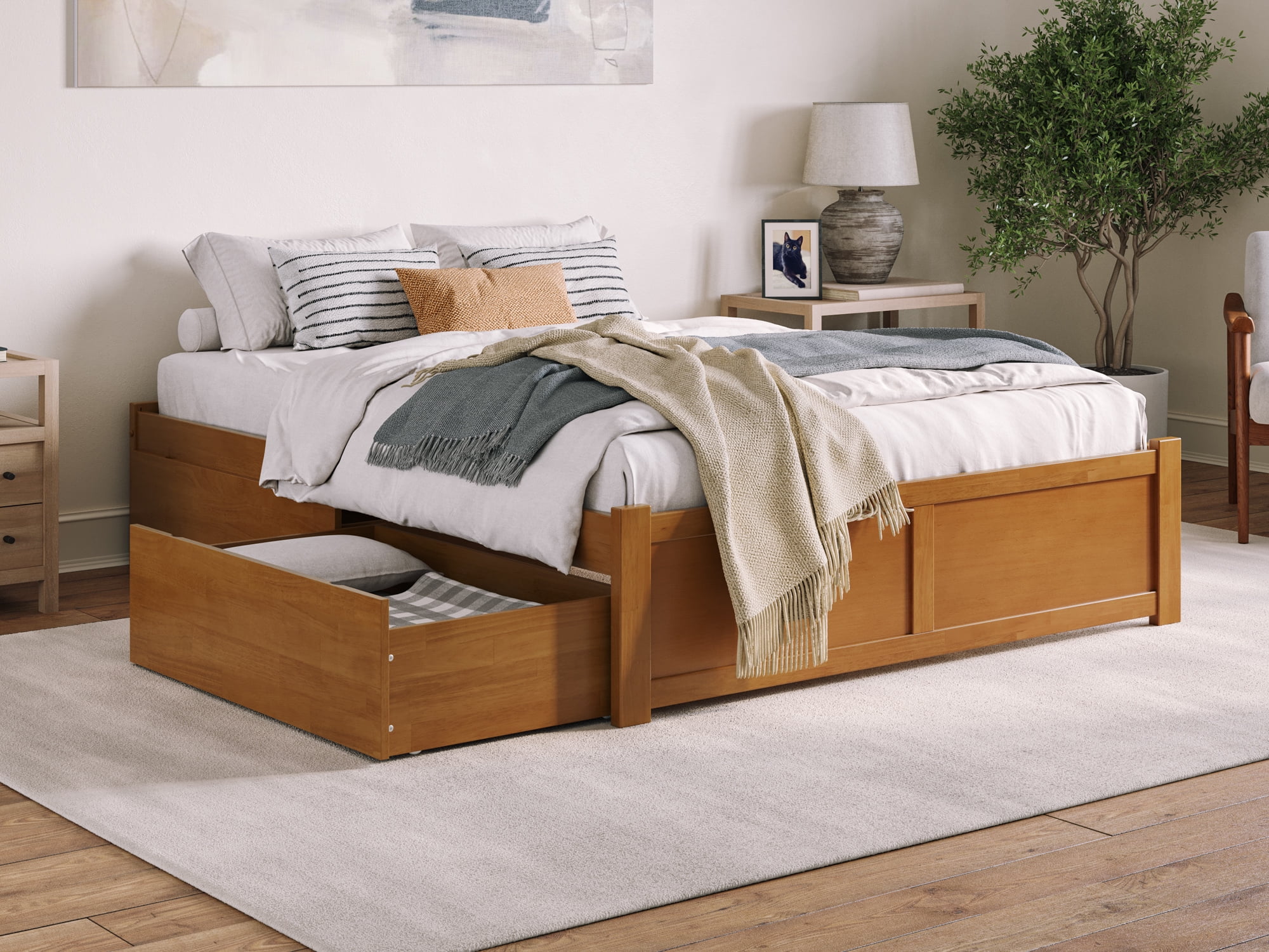 Light Toffee Solid Wood Queen Platform Bed with Storage Drawers