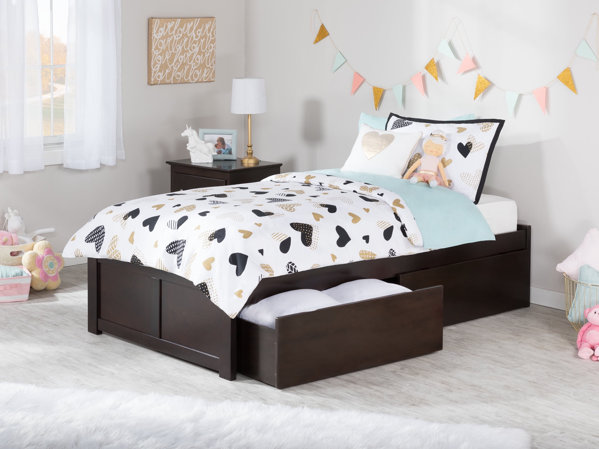 AFI Concord Twin Solid Wood Platform Bed with Footboard & 2 Storage Drawers in Espresso
