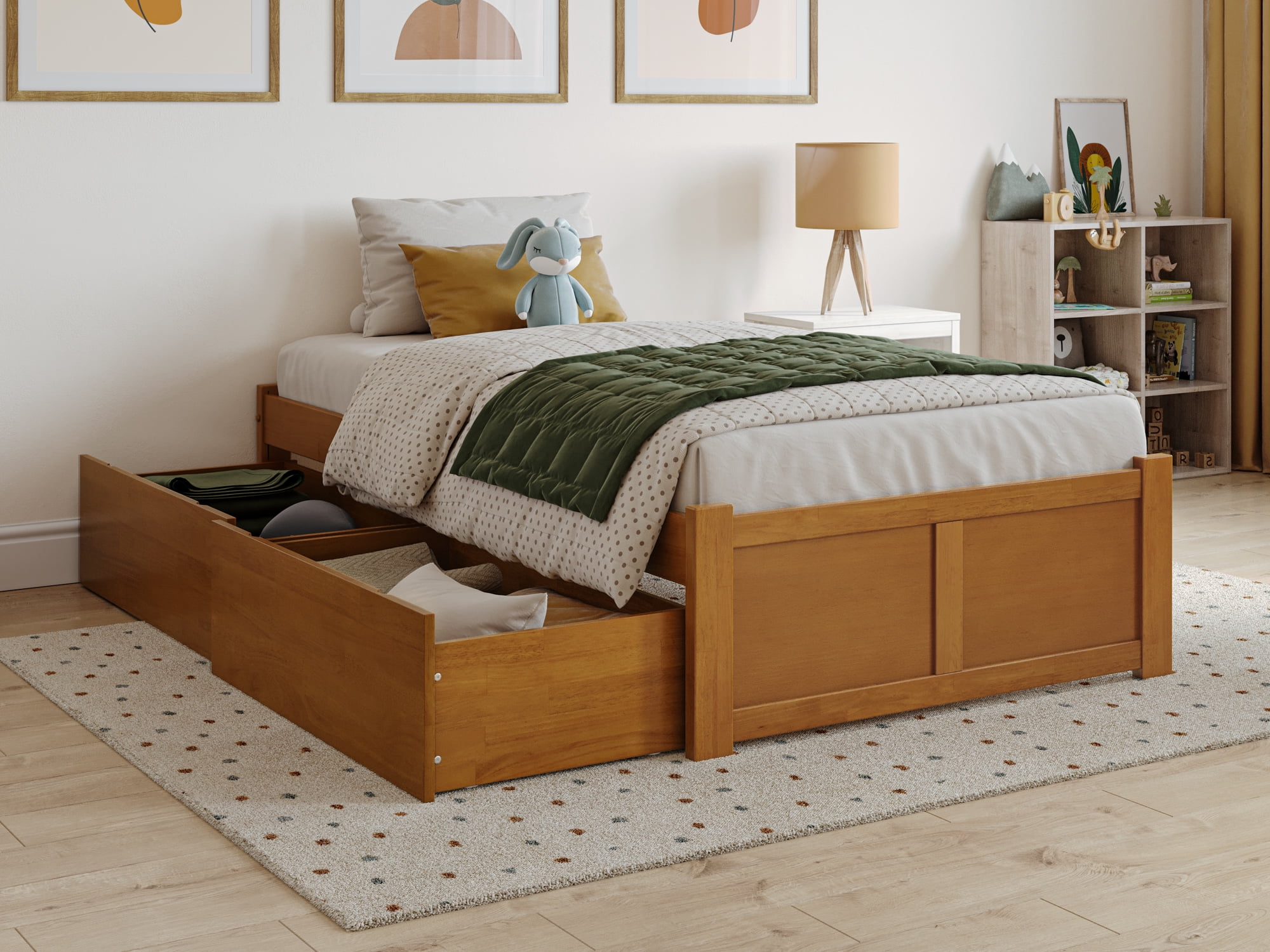 Light Toffee Twin Wood Platform Bed with Storage Drawers