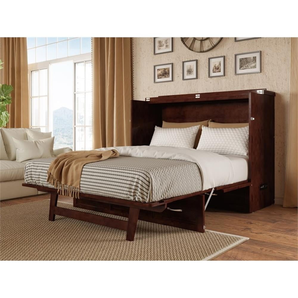 Walnut Full Murphy Bed Chest with Storage Drawer