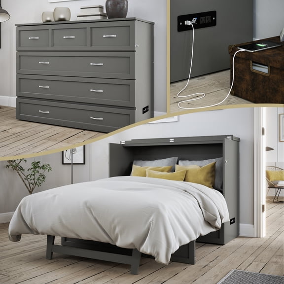 AFI Deerfield Full Solid Wood Murphy Bed Chest with Mattress, Drawer & Charger in Gray