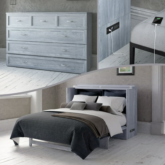 AFI Deerfield Queen Solid Wood Murphy Bed Chest with Mattress, Drawer & Charger in Driftwood