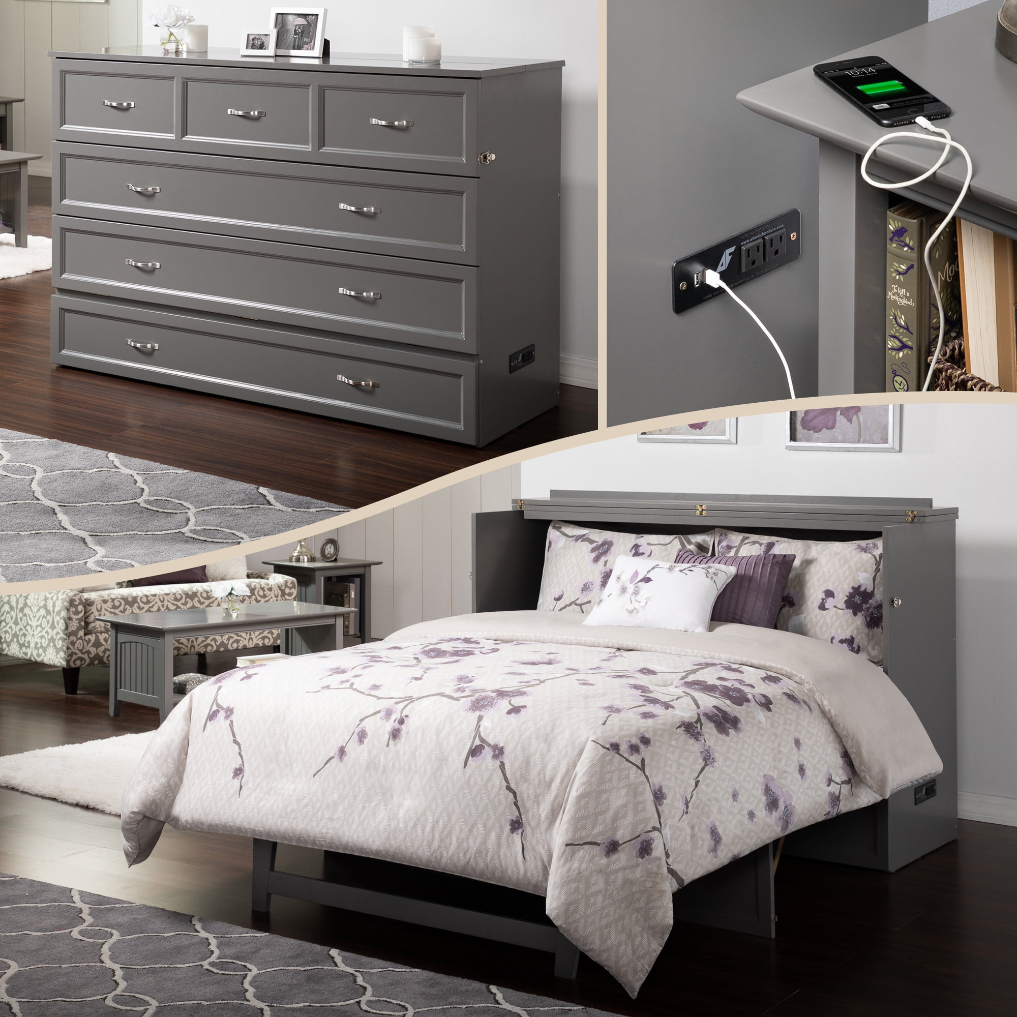 AFI Deerfield Queen Solid Wood Murphy Bed Chest with Mattress, Drawer & Charger in Gray