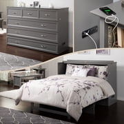 AFI Deerfield Queen Solid Wood Murphy Bed Chest with Mattress, Drawer & Charger in Gray