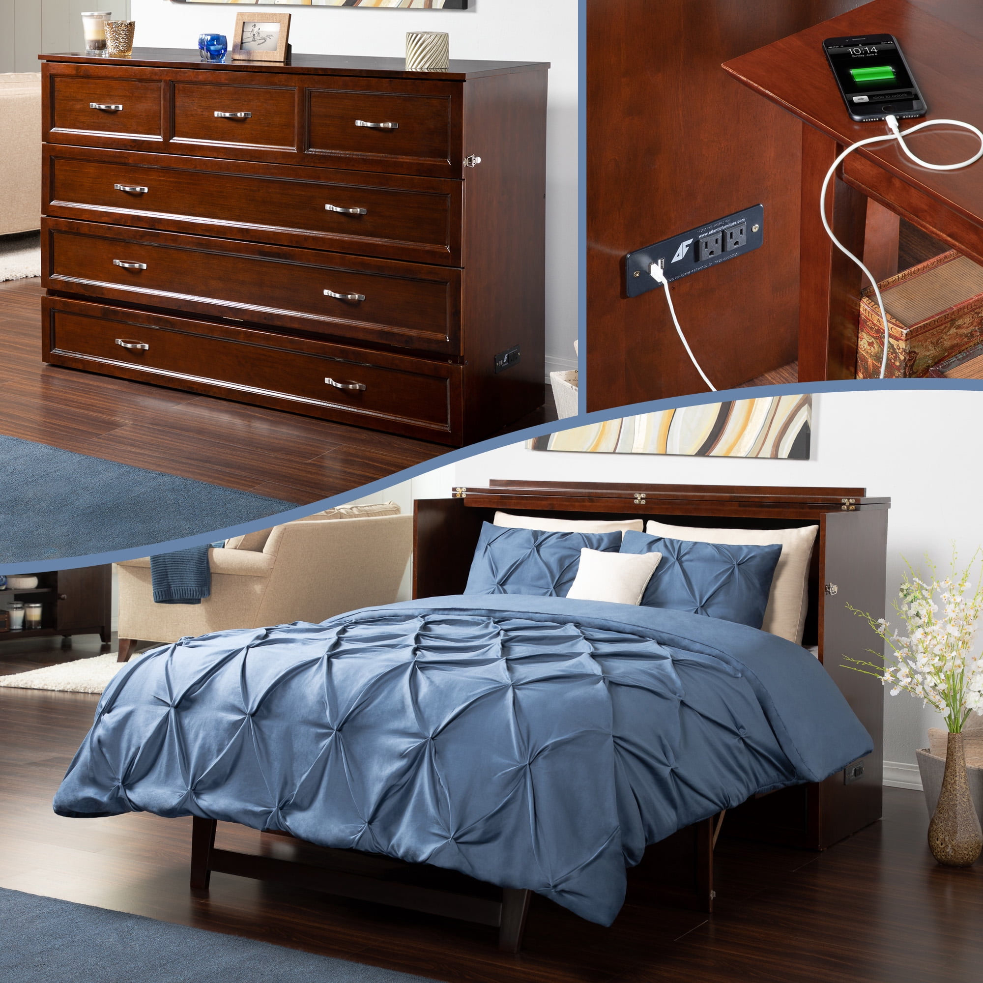AFI Deerfield Queen Solid Wood Murphy Bed Chest with Mattress, Drawer & Charger in Walnut