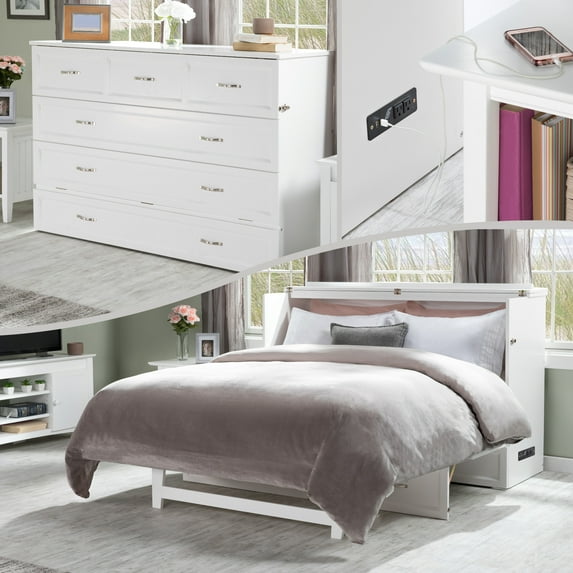 AFI Deerfield Queen Solid Wood Murphy Bed Chest with Mattress, Drawer & Charger in White